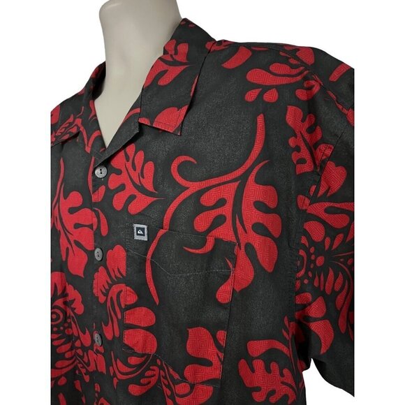 Quicksilver Mens Gray Red Floral Button Up Hawaiian Aloha Shirt XL Pocket New - Picture 5 of 8